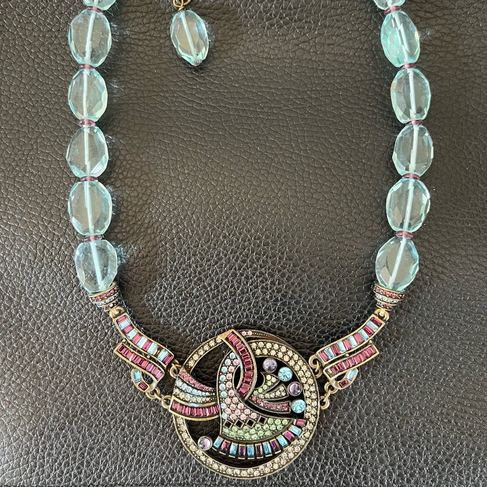Heidi Daus Blue Crystal Art Deco Pendant Statement Necklace